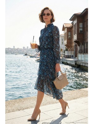 Lela Regular Fit Boyundan Bağlamalı Volanlı Şifon Midi Elbise Kadın Elbise 611EL1450