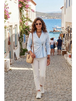 Lela % 100 Pamuk Slim Fit Toka Detaylı Uzun Kollu Gömlek Bayan Gömlek 6778317