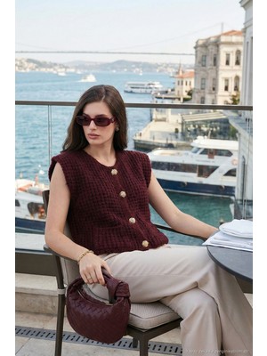 Lela Premium Oversize Fit Bisiklet Yaka Düğmeli Örgü Yelek Bayan Yelek 680YL1416