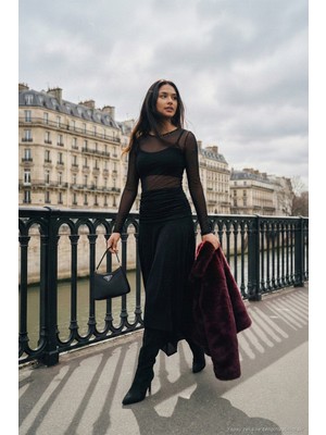 Lela Asimetrik Kesim Drape Detaylı Yırtmaçlı Midi Boy Etek Bayan Etek 6833366