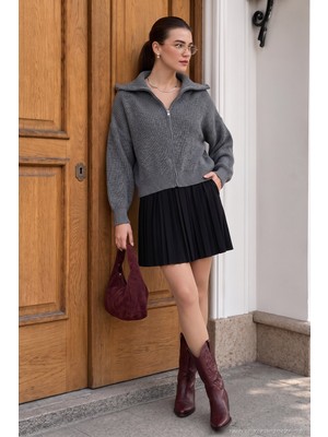 Lela Standart Fit Balon Kol Fermuarlı Selanik Örgülü Hırka Bayan Hırka 4615562