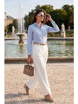 Lela Pamuklu Slim Fit Klasik Yaka Çizgili Gömlek Bayan Gömlek 6777423