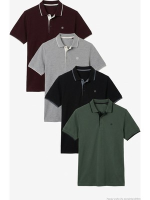 Buratti Pamuklu Slim Fit Şerit Detaylı Düğmeli Polo Yaka 4'lü Paket T Shirt Erkek T Shirt 5902118S4