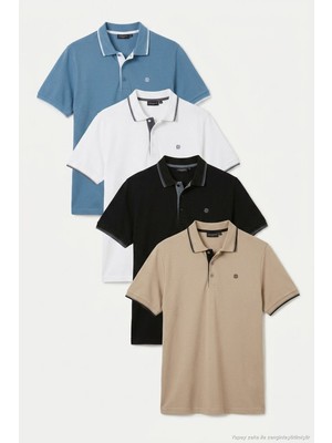 Buratti  Pamuklu Slim Fit Şerit Detaylı Düğmeli Polo Yaka 4'lü Paket T Shirt Erkek T Shirt 5902118S4