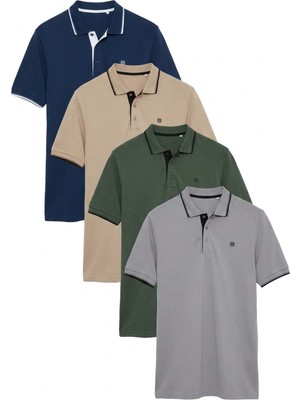 Buratti Pamuklu Slim Fit Şerit Detaylı Düğmeli Polo Yaka 4'lü T Shirt Erkek T Shirt 5902118S4