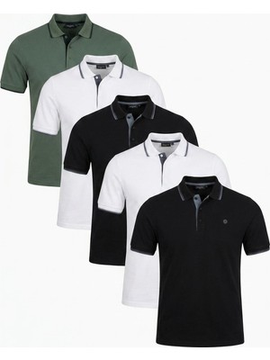 Buratti Pamuklu Slim Fit Şerit Detaylı Düğmeli Polo Yaka 5'li Paket T Shirt Erkek T Shirt 5902118S5