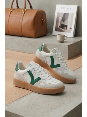 Lufian Kadın Beyaz Yeşil Süet Detaylı Gum Taban Retro Sneaker Spor Ayakkabı
