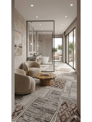 Nesrin Modern Kahve Gri Etnik Desen Kaymaz Jel Taban Halı
