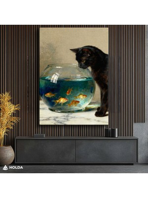 Holda Props Kanvas Tablo Kedi ve Akvaryum Balıkları Hayvan Tablosu Duvar Dekorasyonu