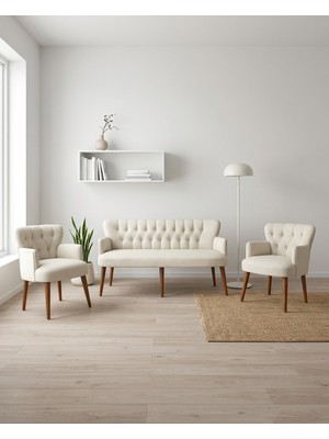 Azra Mobilya Roma 3+1+1 Keten Kumaş Balkon Ofis Çay Seti Bekleme Koltuk Takımı - Ahşap Ayak - Krem