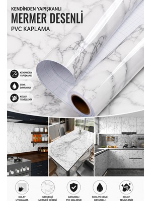 Deconitte Kendinden Yapışkanlı Beyaz Mermer Desenli Pvc Kaplama Folyo Tezgah Masa Dolap 60X100CM