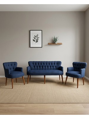 Azra Mobilya Roma 3+1+1 Keten Kumaş Balkon Ofis Çay Seti Bekleme Koltuk Takımı - Ahşap Ayak - Mavi