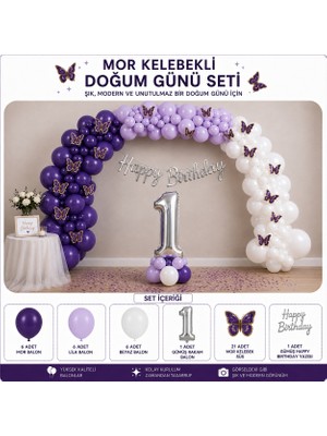 Çavuş E-Ticaret Mor Kelebekli Parti Seti,mor Lila Beyaz Balonlu Doğum Günü Seti 1 Yaş Doğum Günü Seti
