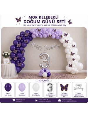 Çavuş E-Ticaret Mor Kelebekli Parti Seti,mor Lila Beyaz Balonlu Doğum Günü Seti 3 Yaş Doğum Günü Seti