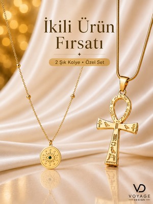 Voyage Accessory Ikili Kolye Seti Gold Serisi Mısır Mitolojisi Ra Göz ve Yaşam Anahtarı Ankh Kolye