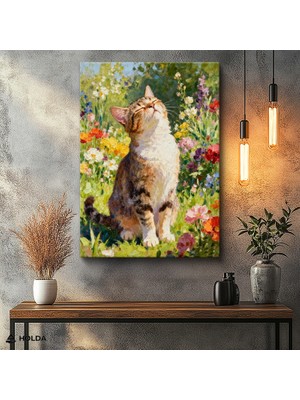Holda Props Kanvas Tablo Çiçekli Bahçe Kedi Hayvan Tablosu Duvar Dekorasyonu