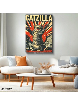Holda Props Kanvas Tablo Catzilla Kedi Hayvan Tablosu Duvar Dekorasyonu
