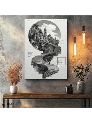 Holda Props Kanvas Tablo Sürreal Merdiven ve Şehir Mimari Tablo Duvar Dekorasyonu