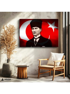 Holda Props Kanvas Tablo Atatürk ve Türk Bayrağı Atatürk Portre Tablosu Duvar Dekorasyonu
