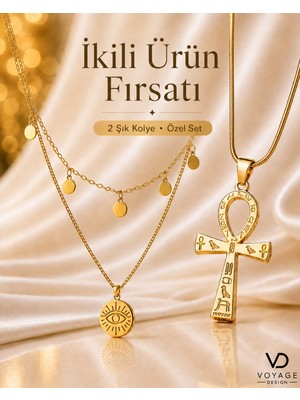 Voyage Accessory Ikili Kolye Seti Gold Serisi Mısır Mitolojisi Ra Göz ve Yaşam Anahtarı Ankh Kolye