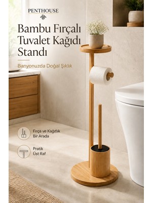 Penthouse Bambu Fırçalı Tuvalet Kağıdı Standı Üst Raflı Tuvalet Fırçası ve Kağıtlık Banyo Düzenleyici