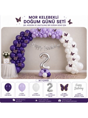 Çavuş E-Ticaret Mor Kelebekli Parti Seti,mor Lila Beyaz Balonlu Doğum Günü Seti 2 Yaş Doğum Günü Seti
