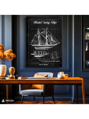 Holda Props Kanvas Tablo Yelkenli Gemi Teknik Çizim Taşıt Temalı Tablo Duvar Dekorasyonu