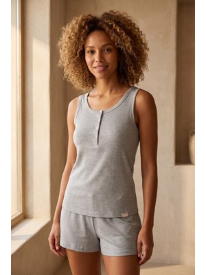 Kadın Loungewear Düğmeli Atlet Gri-Melanj