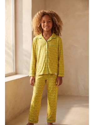 Kız Çocuk Çiçekli Pijama Takımı Hardal