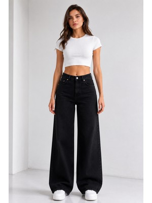 Kadın Siyah Palazzo Jean | Yüksek Bel Geniş Paça Denim Pantolon | Lyvens