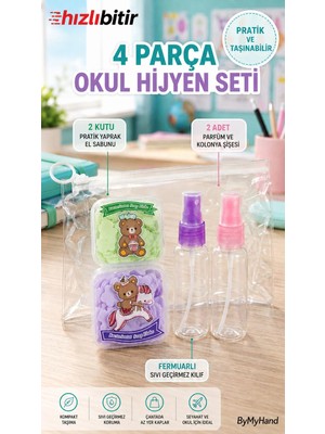By My Hand Bymyhand 4 Parça Okul Hijyen Seti – 2 Yaprak Sabun, 2 Sprey Kolonya Şişesi ve Şeffaf Fermuarlı Kılıf (Karışık Renk)