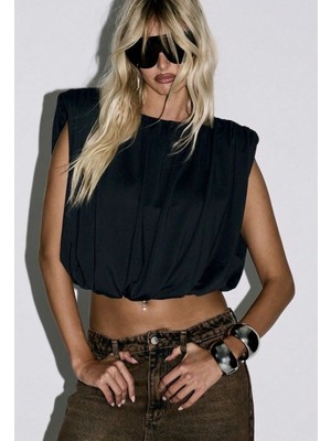Linichandco Kadın Dökümlü Luxury Collection Vatkalı Kolsuz Şık Crop Bluz 9418