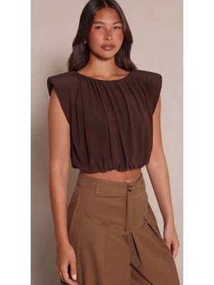 Linichandco Kadın Dökümlü Luxury Collection Vatkalı Kolsuz Şık Crop Bluz 9418
