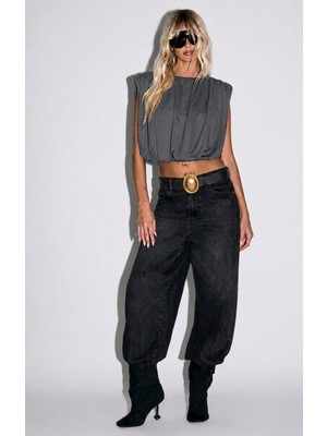 Linichandco Kadın Dökümlü Luxury Collection Vatkalı Kolsuz Şık Crop Bluz 9418