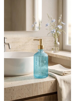 Klarhaus Glassy Dekoratif Cam Sabunluk – Gold Pompalı Vintage Çizgili Sıvı Sabun ve Deterjan Dispenseri - 21.5 cm x 8 cm -