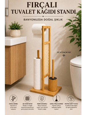 Penthouse Bambu Fırçalı Tuvalet Kağıdı Standı 4 Rulo Yedek Hazneli Hasır Detaylı Banyo Düzenleyici