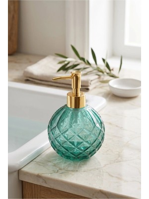Klarhaus Boby Diamond Küre Cam Sıvı Sabunluk – Gold Pompalı Kristal Desenli Dekoratif Banyo ve Mutfak Dispenseri - 16 cm x 10 cm - 500ML -