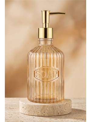 Klarhaus Glassy Dekoratif Cam Sabunluk – Gold Pompalı Vintage Çizgili Sıvı Sabun ve Deterjan Dispenseri - 21.5 cm x 8 cm -