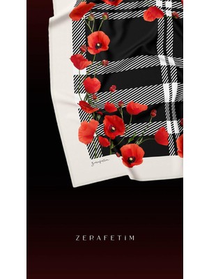 Zerafetim Twill Ipek Eşarp Siyah Ekose Gelincik Detaylı