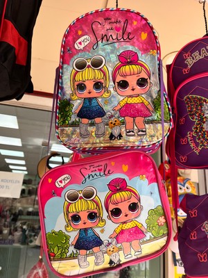 CtStore Kız Çocuk Simli Desenli Okul ve Beslenme Çantası Seti 3 Bölmeli