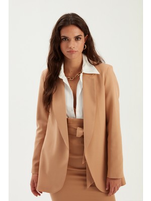 Sateen Klasik Yaka Uzun Ceket - Camel