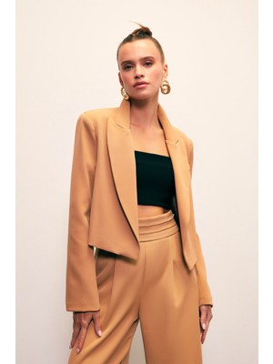 Sateen Şal Yaka Kısa Ceket - Camel