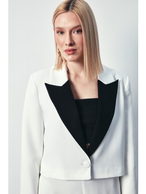 Sateen Kontrast Kısa Ceket - Ekru