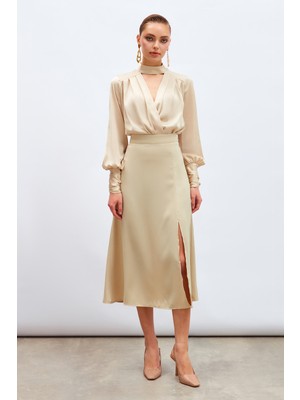Sateen Yırtmaçlı Saten Etek - Bej