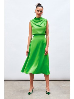 Sateen Midi Boy Saten Etek - Açık Yeşil