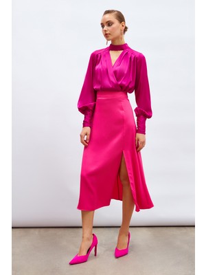 Sateen Yırtmaçlı Saten Etek - Fuşya