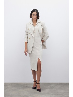 Sateen Simli Midi Boy Tüvit Etek - Bej