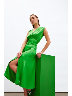 Sateen Yırtmaçlı Saten Etek - Yeşil