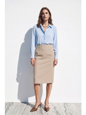 Sateen Düz Kalem Etek - Koyu Bej