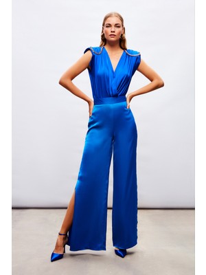 Sateen Yırtmaç Detaylı Saten Pantolon - Sax Mavi